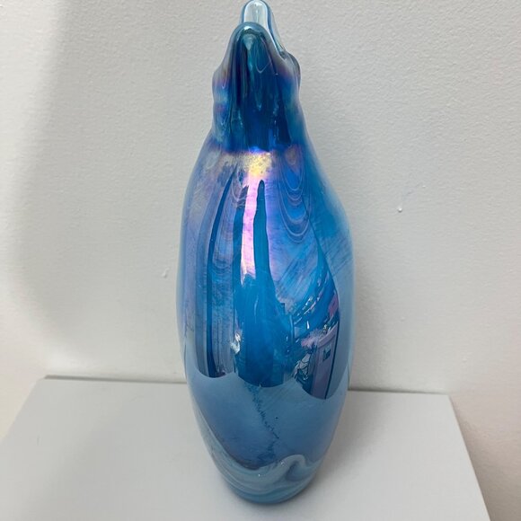 Handcrafted‎ Iridescent Blue Swirl Ocean Glass Vase With Unique Sculpted Lip - Picture 4 of 7
